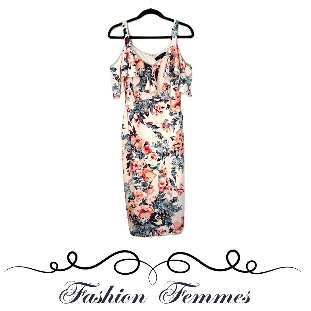 Rachel Royal Peach Floral Off the Shoulder V-Neck Ruffle Dress